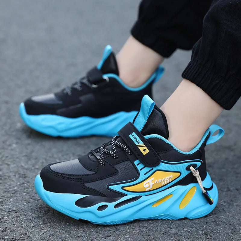 Boys' dark blue and light blue sports running shoes with Velcro strap and mesh upper.