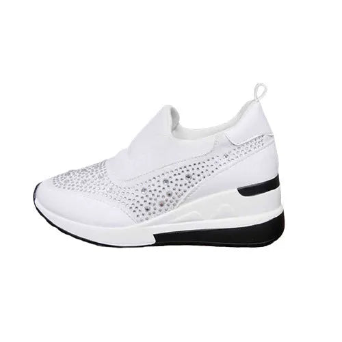 Rhinestone wedge flats for women with inner height increase, round toe, PU upper, black colour, side view