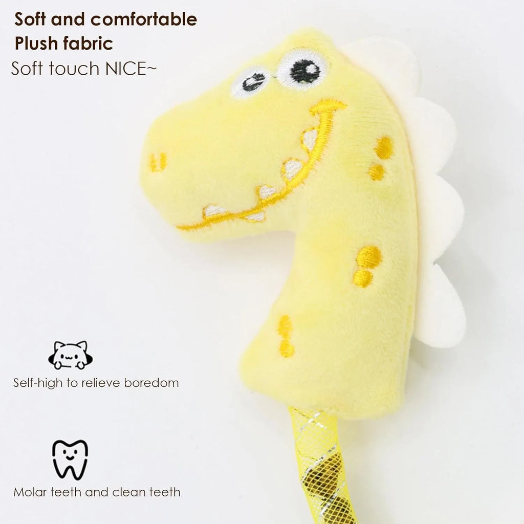 Set of four colourful cat toys including rope, springs, and plush kickers on a white background.