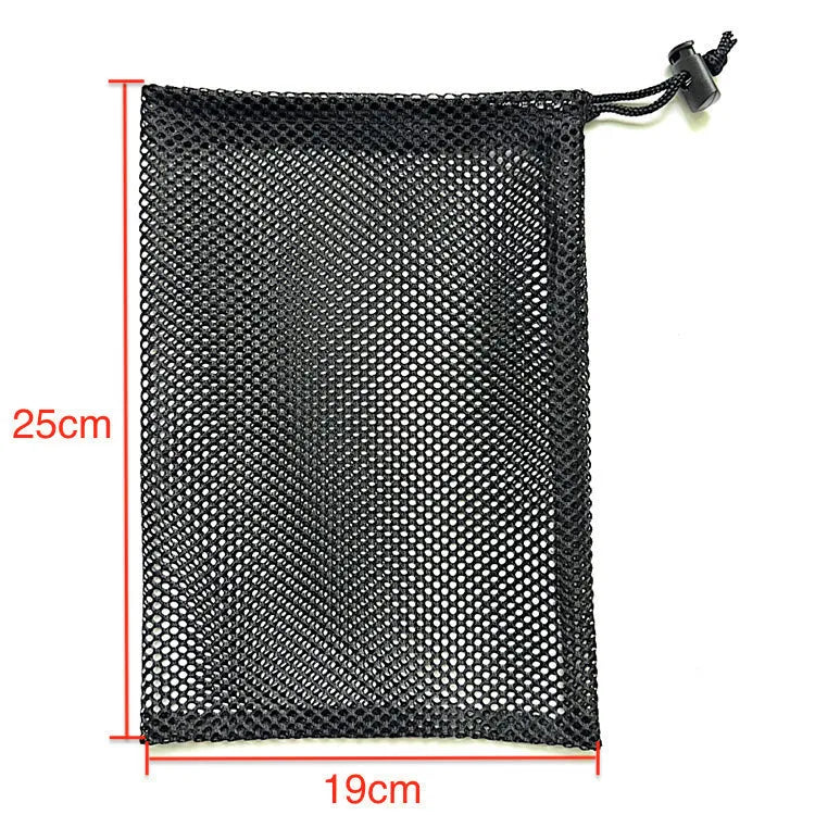 Black drawstring mesh storage bag shown in multiple sizes for toy organisation