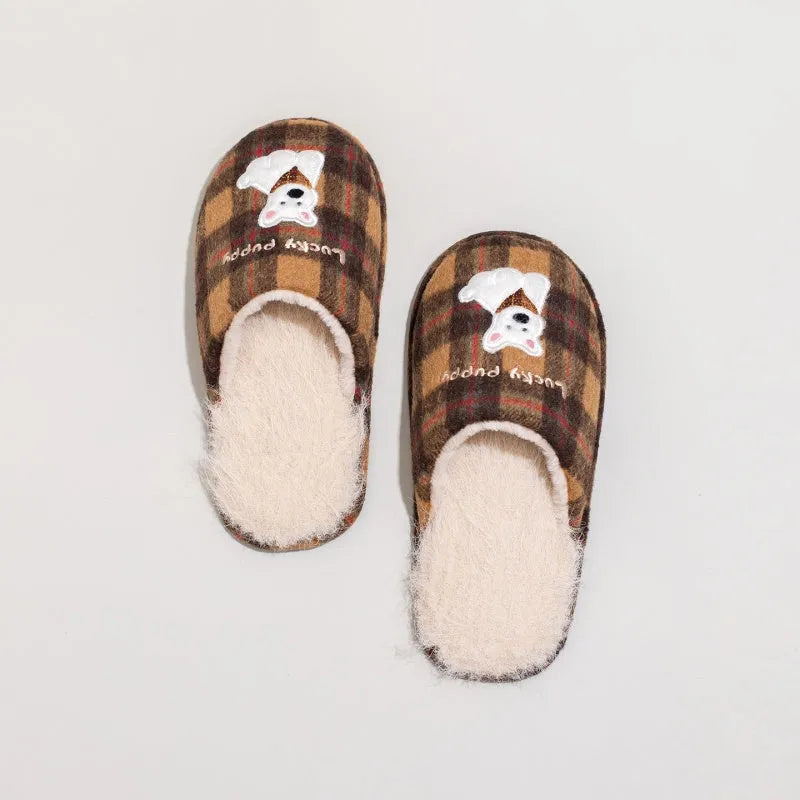 Indoor plush cotton slippers soft fluffy non-slip in chestnut coffee colour
