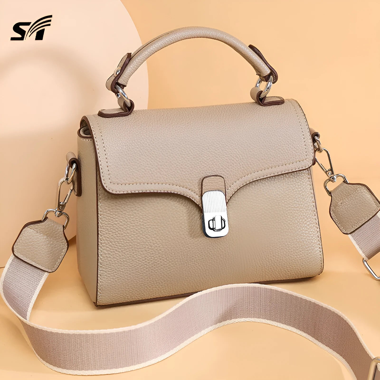 Korean commuter women's cross-body bag in genuine leather, oval shape, size 21x18x9cm, available in black