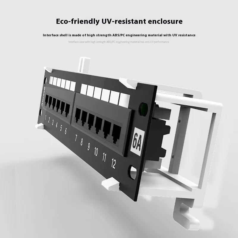 Black 12-port steel network distribution frame with hook bracket and installation accessories
