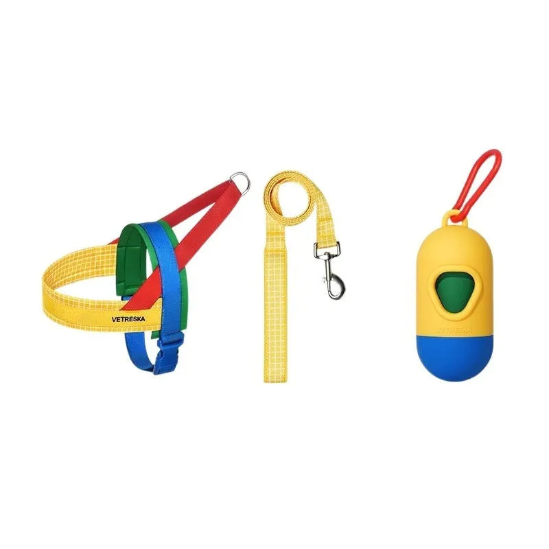 Red polyester dog walking chest strap and traction rope set for small to medium dogs with toilet training focus