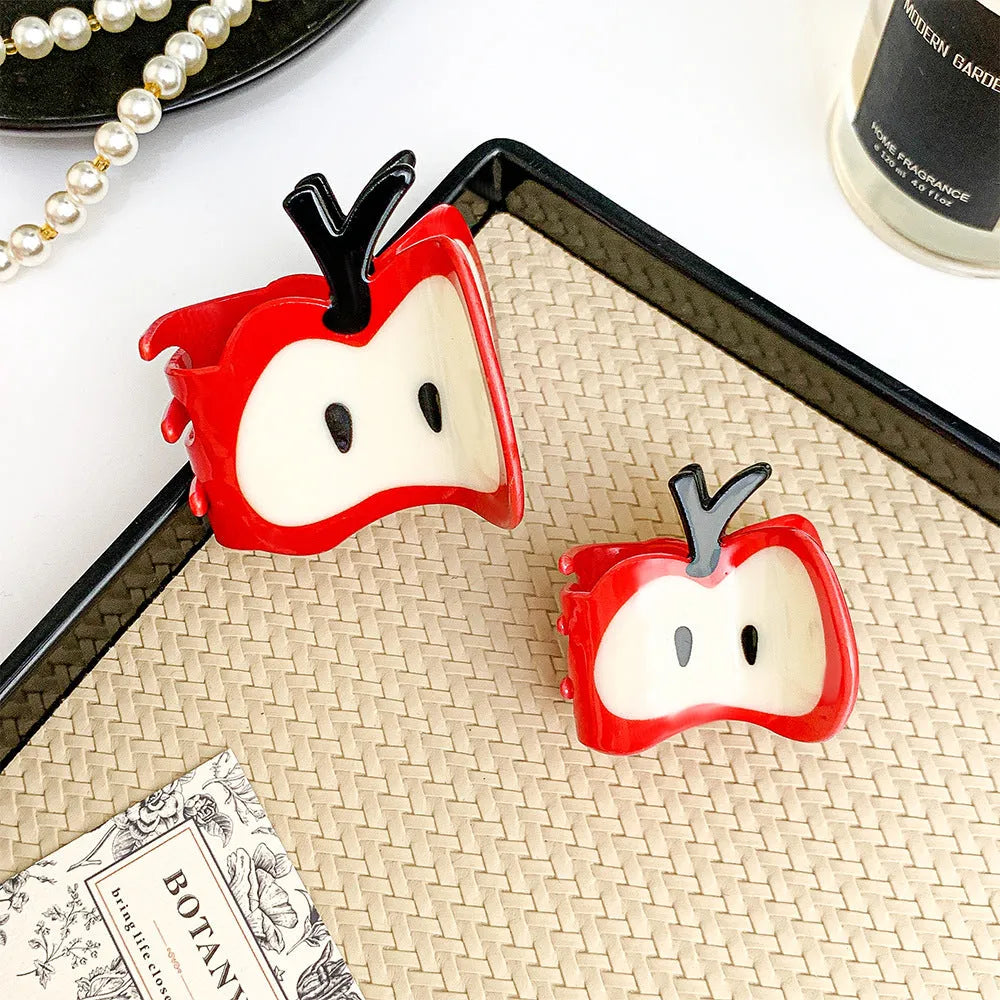 Large red spliced handmade hair clip with apple design and grip, 6.5cm length, for women