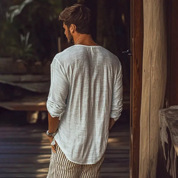 Beige men's V-neck long-sleeved slim fit T-shirt made from hemp blend fabric