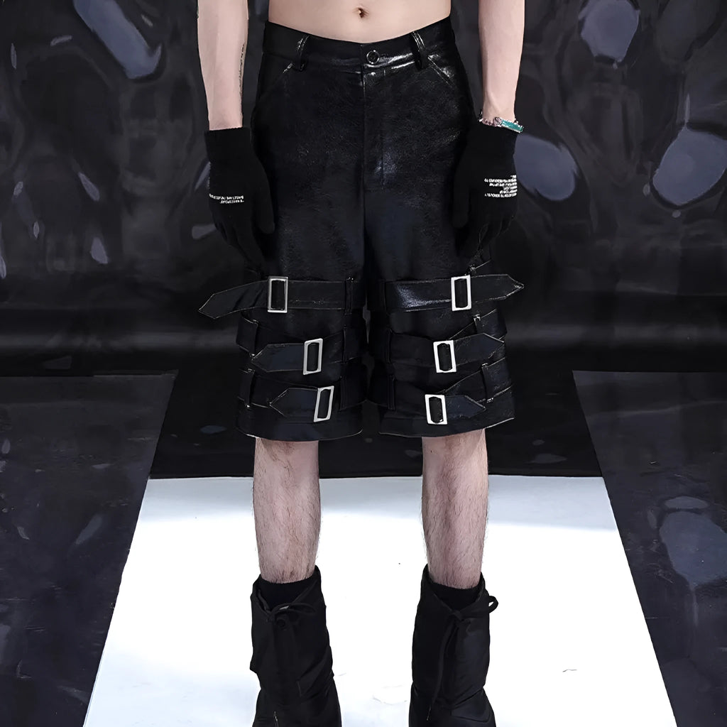 Men's black PU leather cropped shorts with medium low waist design