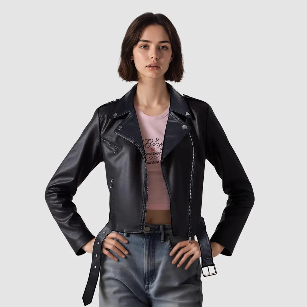 Women's black PU leather motorcycle jacket with lapel collar and waist belt detail