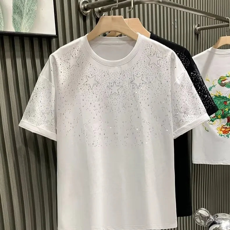 Men's polka dot short sleeve T-shirt in white or black, cotton blend, straight cut, sizes S to 5XL