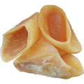 Natural cowhide dog chew toy with hoof shell appearance, shown in two size options for different dog breeds