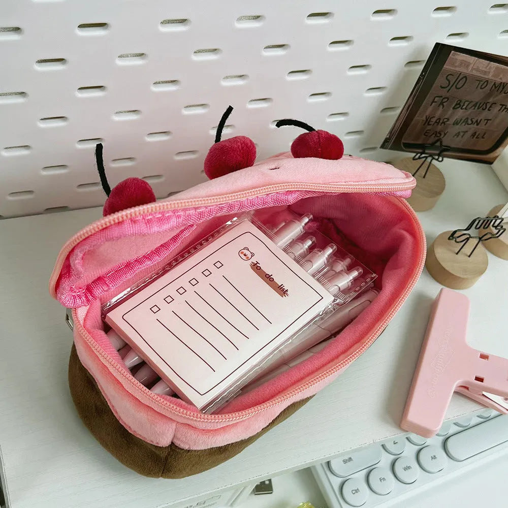 Cherry cake plush velvet pencil case in Korean style design