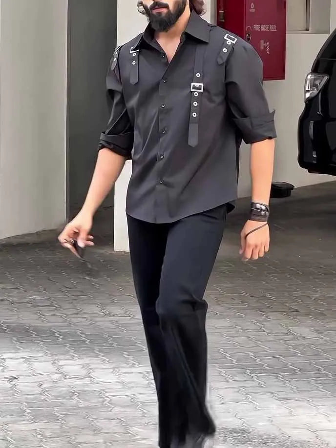 Men's black button-up shirt with regular fit and polyester fabric