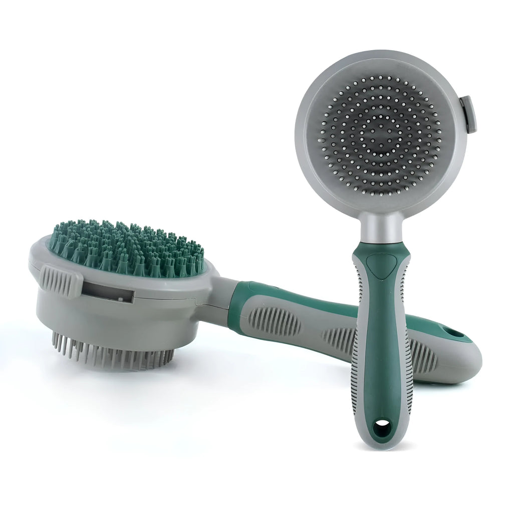 Green and pink dual-sided pet grooming brush with slicker brush and silicone massage pins