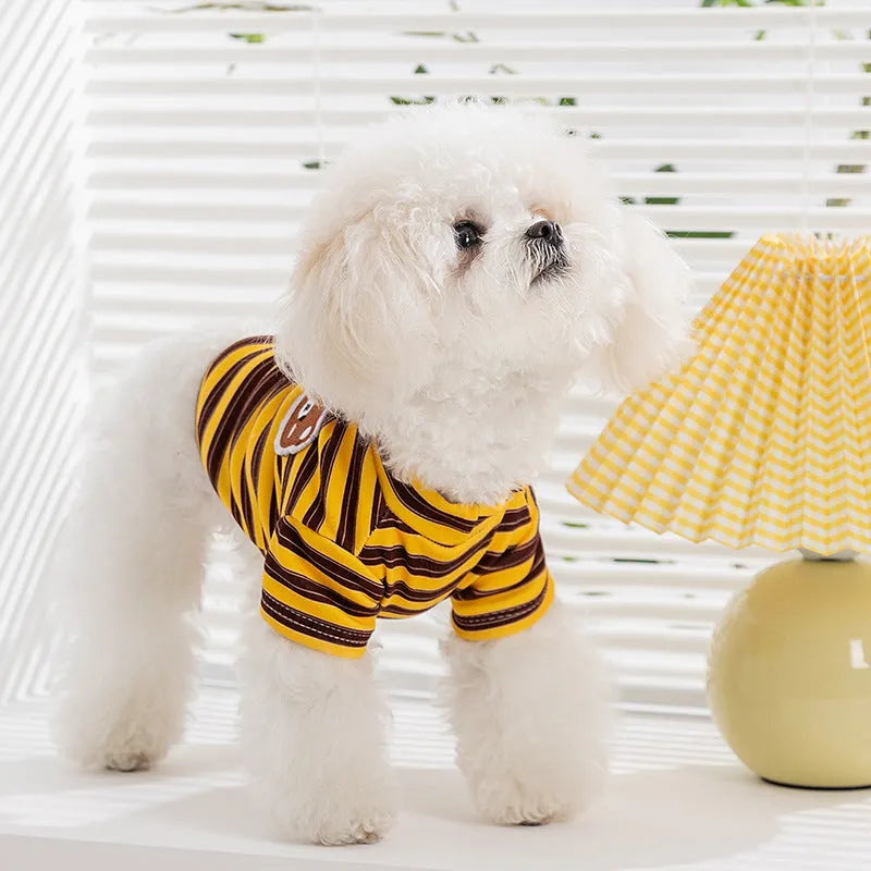 Striped two-legged pet shirt for small dogs and cats, available in yellow-brown bear patch or black-white cat patch, sizes XS to XXL.