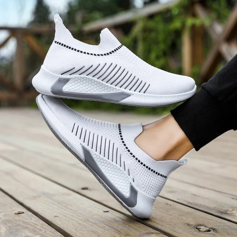 Men's mesh sock shoes with striped flyknit upper and slip-on design