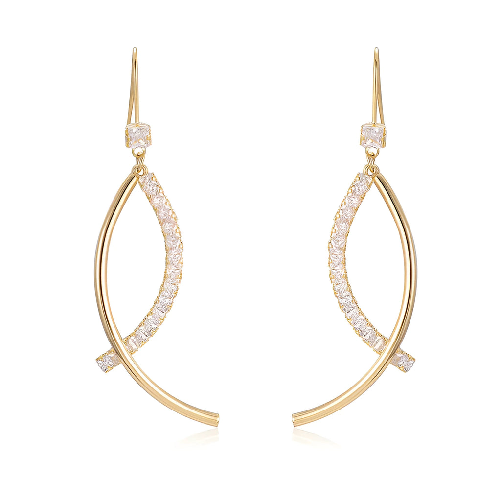 Pair of gold irregular geometric copper earrings on display
