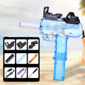 Uzi Electric Burst Water Gun in tan with transparent body, holoscope, and silencer accessories