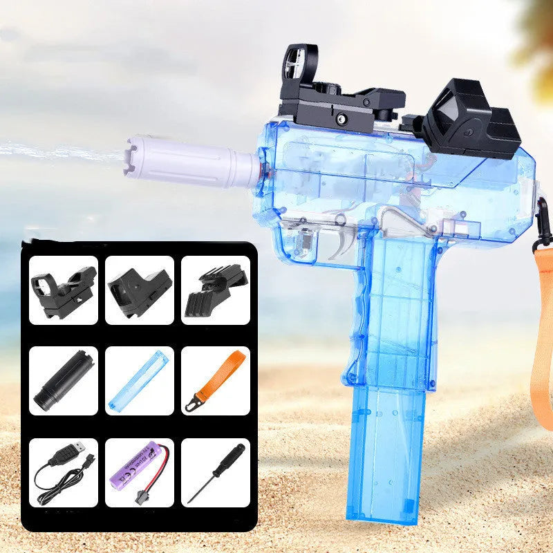 Uzi Electric Burst Water Gun in tan with transparent body, holoscope, and silencer accessories