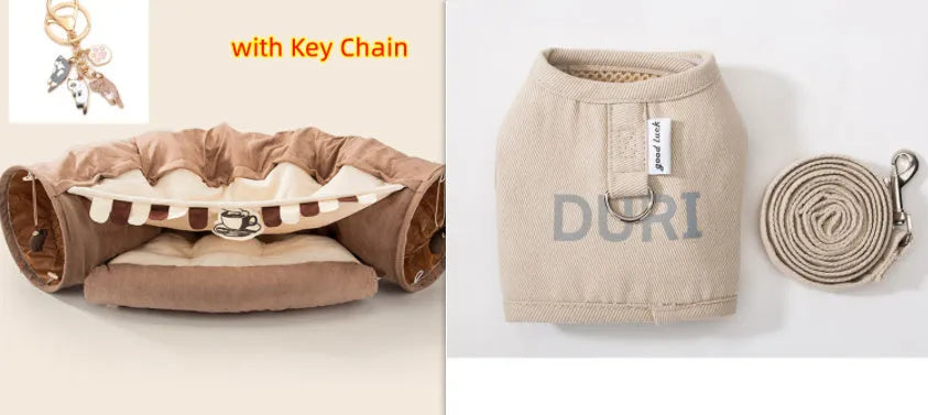 Collapsible washable fabric cat tunnel showing bar, coffee, matcha, and pink colour options
