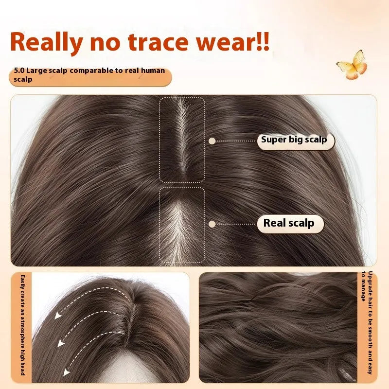 Full-head long curly artificial hair wig with side bangs in brown black colour.