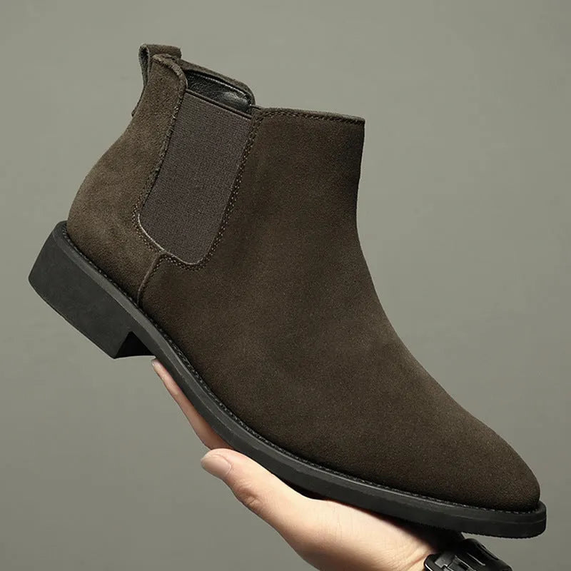 Men's pointed suede short Martin boots in black with cowhide upper and pigskin lining on a neutral background