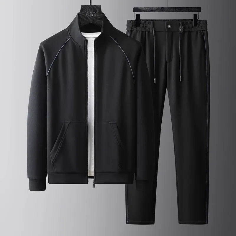 Men's stand collar slim fit casual sport suit in black with matching trousers