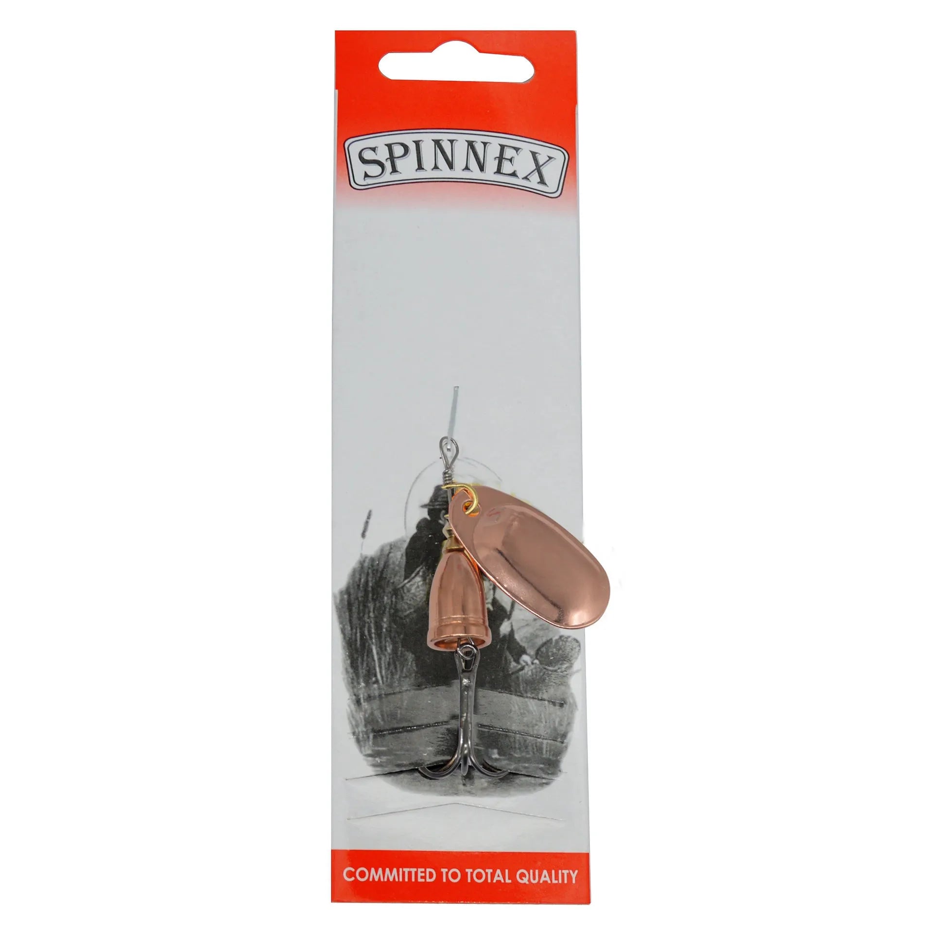 R composite metal fishing lure with rotating sequins and a copper bell in multiple colour options on a blue background.