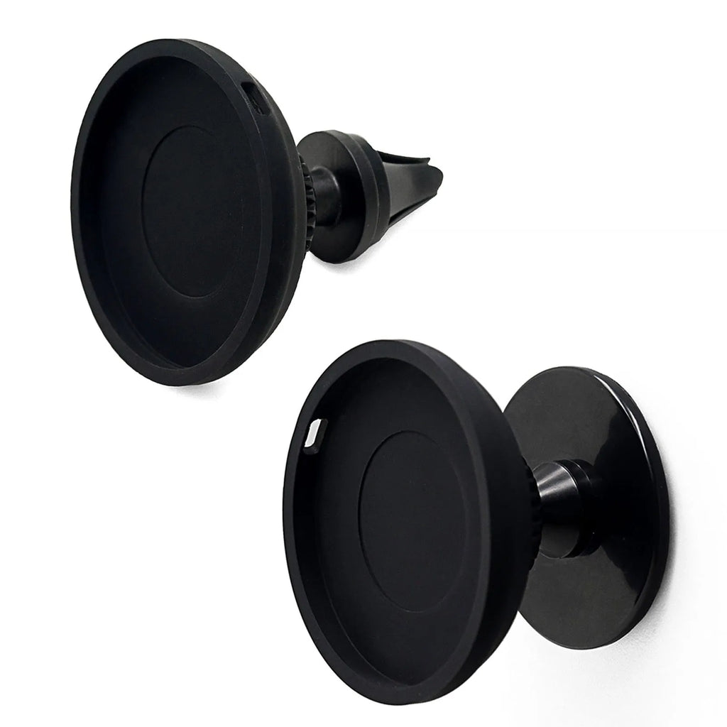 Black magnetic car mobile phone holder showing both air vent and dashboard base mounting options