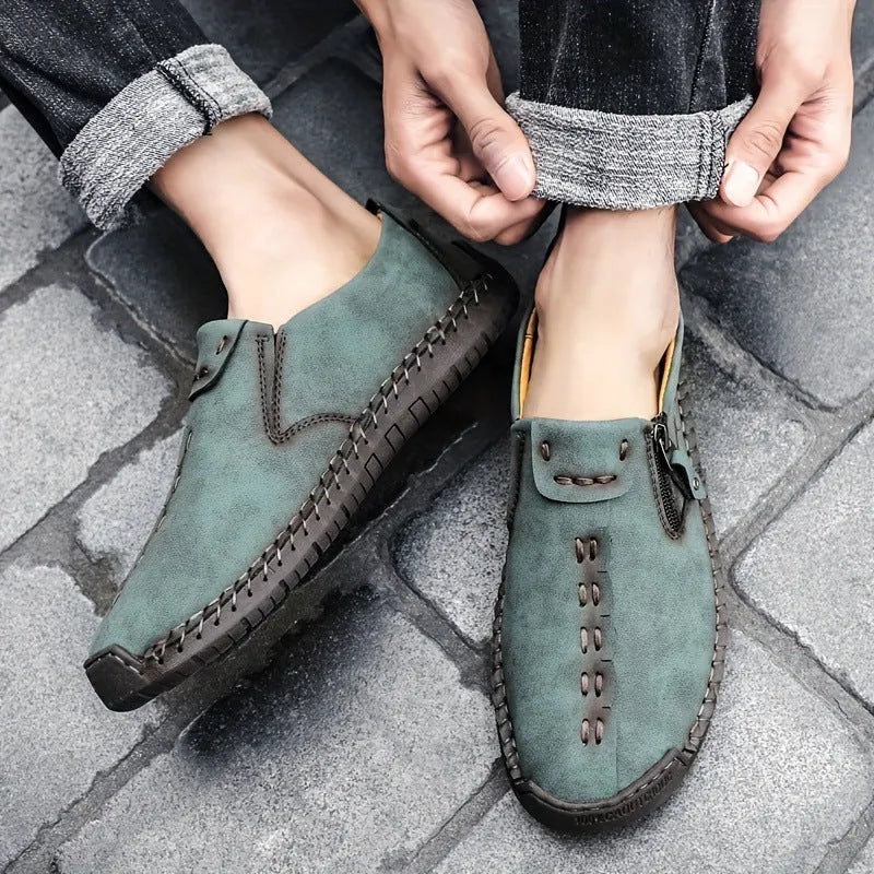 Women's cross edge side zipper shoes handmade leather look in black colour