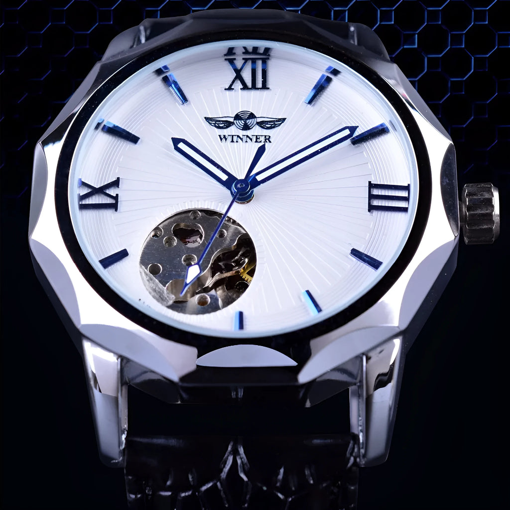 WINNER men's mechanical watch with round black dial, alloy strap, and single fold buckle on a plain background