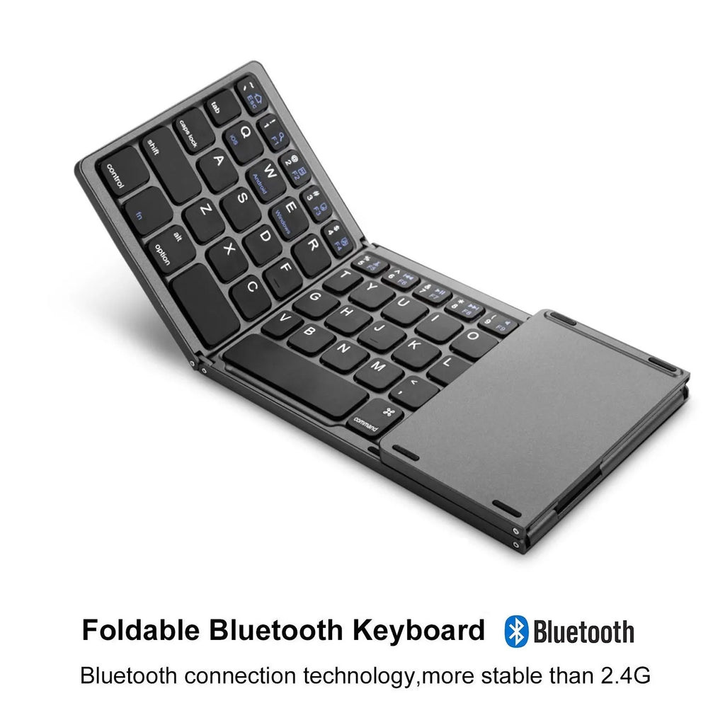 Black tri-fold Bluetooth keyboard shown folded and unfolded next to a smartphone