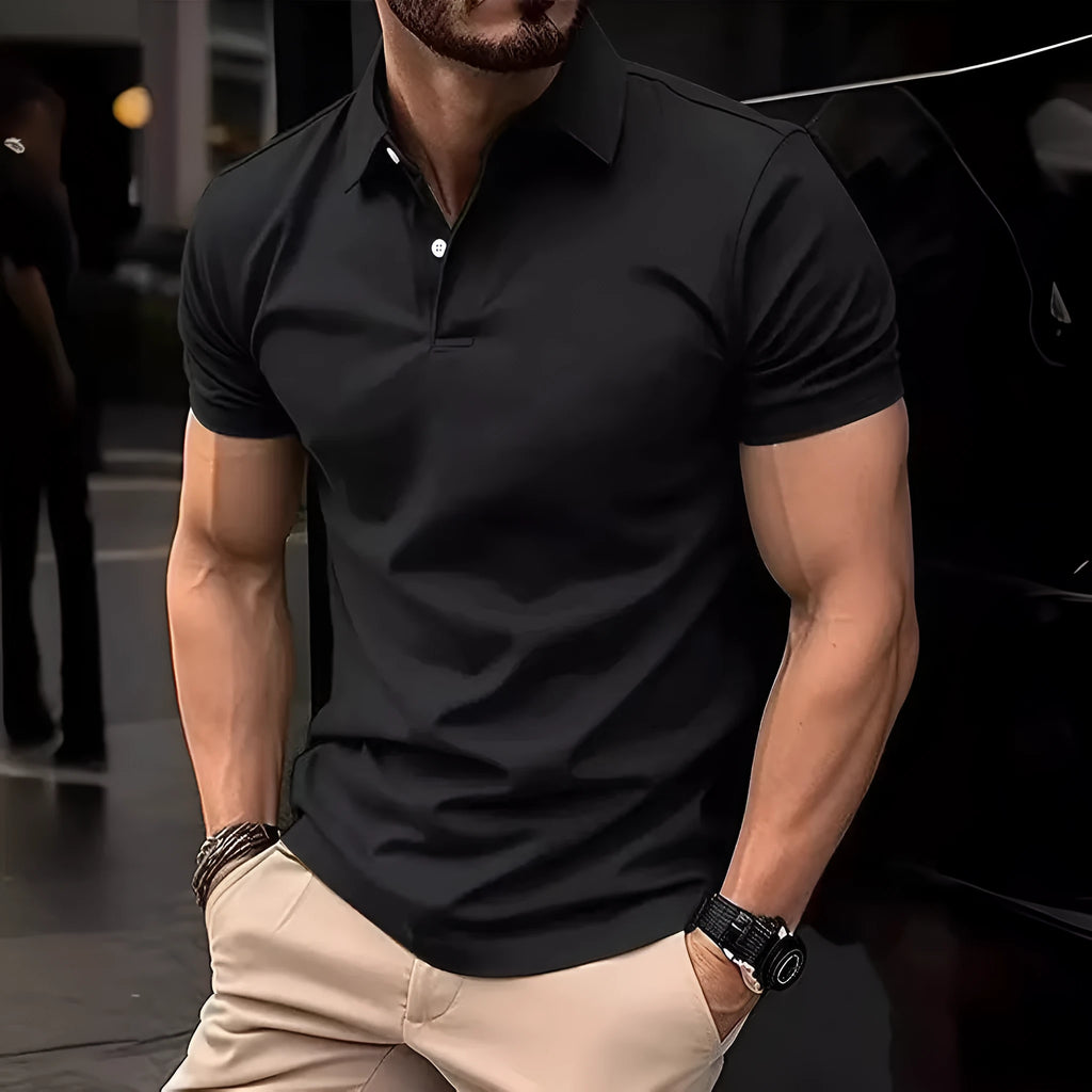 Men's slim fit short sleeve button-up shirt in a solid colour, made from cotton-polyester blend fabric.