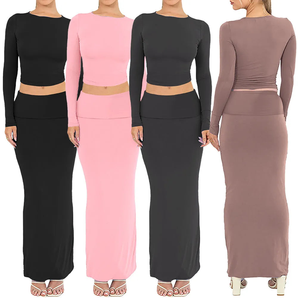 Women's autumn two-piece suit in polyester with slim fit, long skirt, and three-quarter sleeves