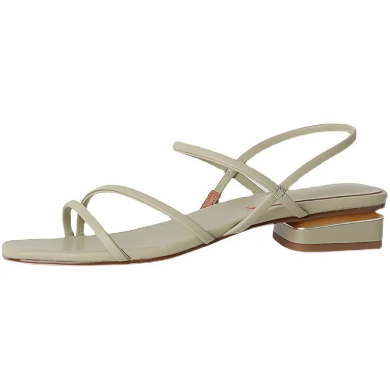 Women's green flat strap Roman sandals with square toe and microfiber upper in Korean style.