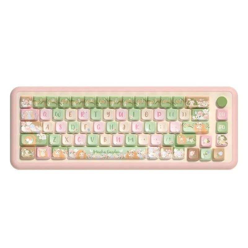 Mu Xia Garden Summer Garden custom PBT keycap set for mechanical keyboards, showing dye-sublimated designs.