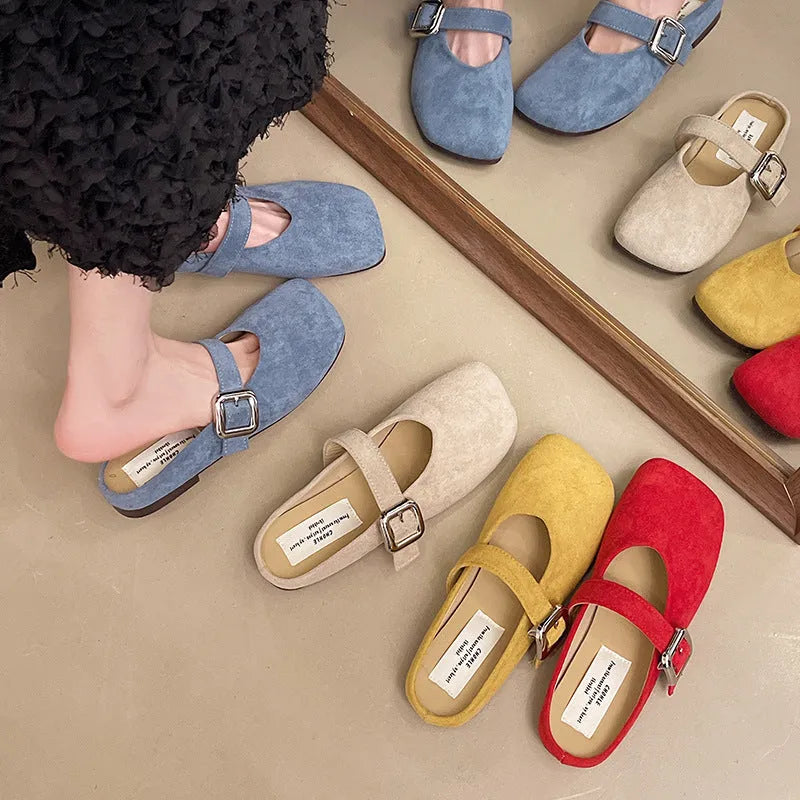 Women's flat apricot slippers with square closed toe, PU upper, and rubber sole.