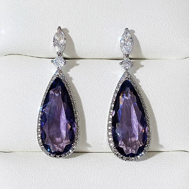 Micro-inlaid purple zircon long drop women bridal earrings with copper base