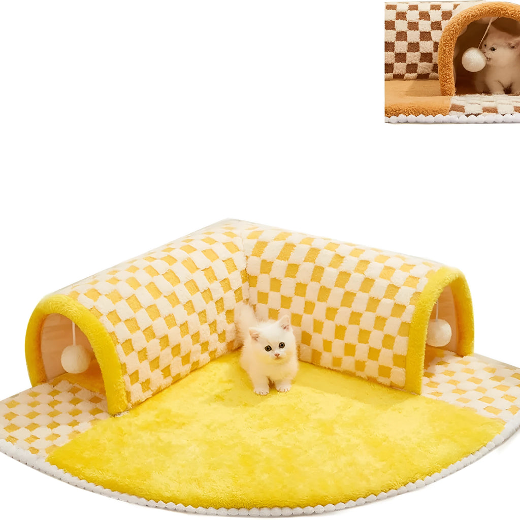 Plush plaid cat tunnel bed with central mat in brown or yellow, XL size 80cm