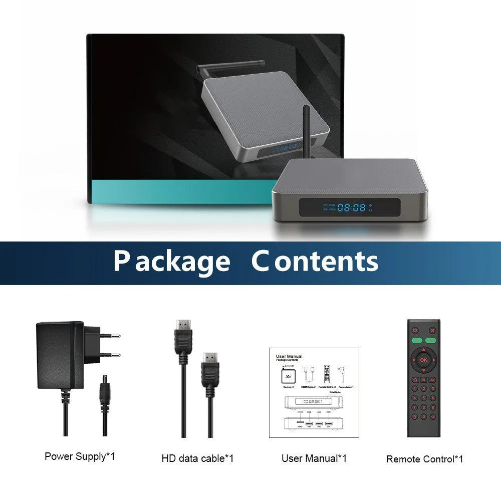 Black Android TV set-top box with remote control on a white background