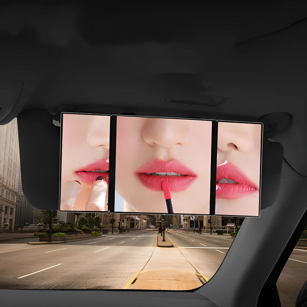 Silver folding car visor mirror shown opened to 30.5cm wide with ABS plastic frame