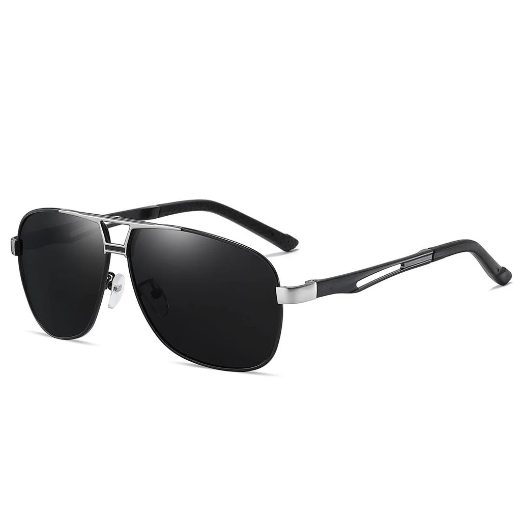 Men's polarised aviator sunglasses with orange red metal frame and dark lenses.