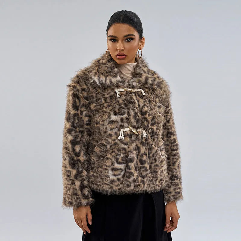 Women's leopard print coat with buckle lapel in polyester street fashion style