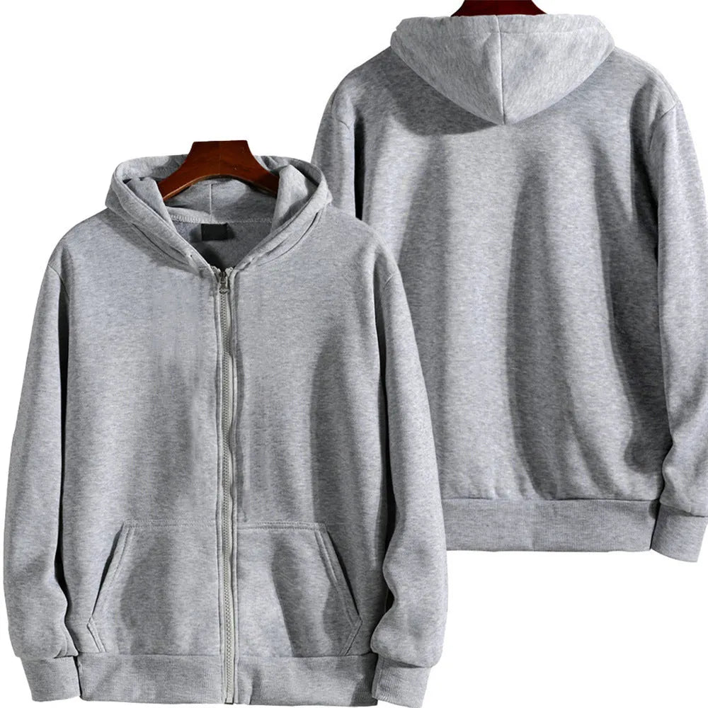 Men's loose American-style cardigan zipper jacket in solid colour with zipper front closure