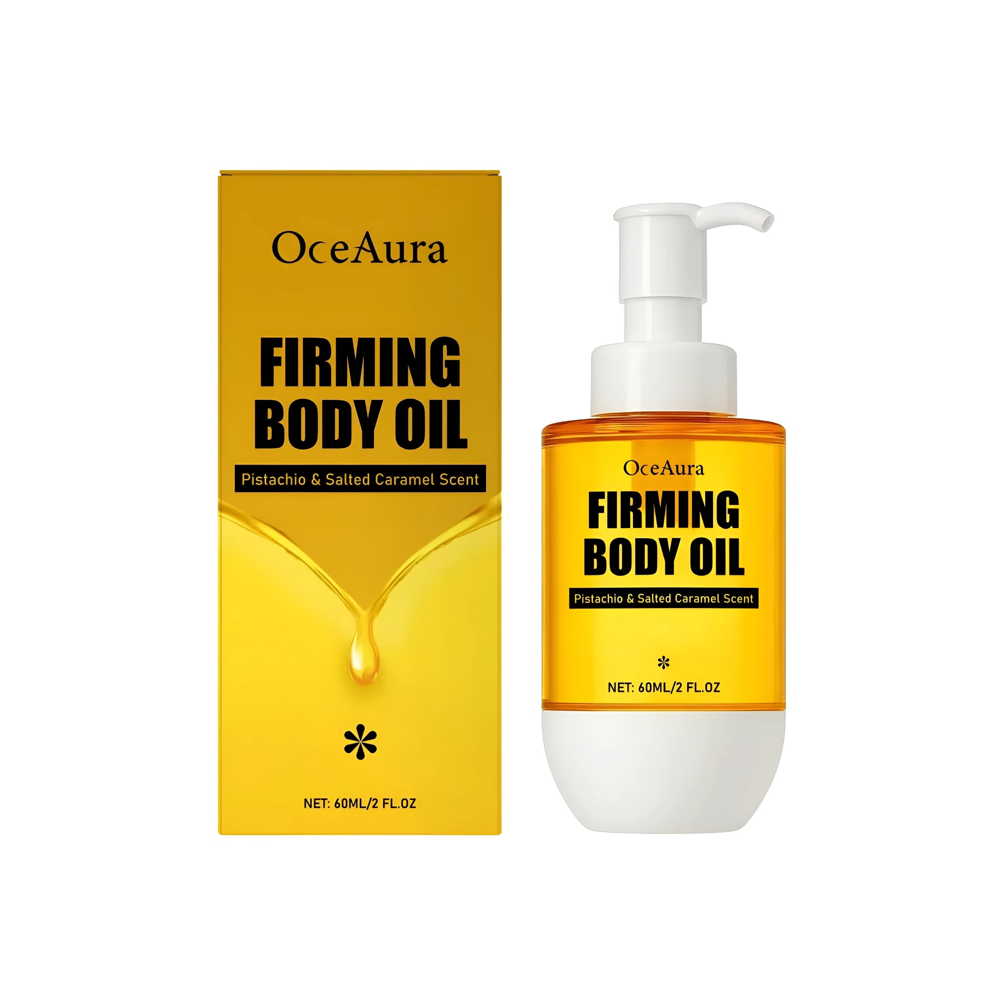 60ml bottle of tightening and wrinkle resistant body oil with caramel-coloured liquid