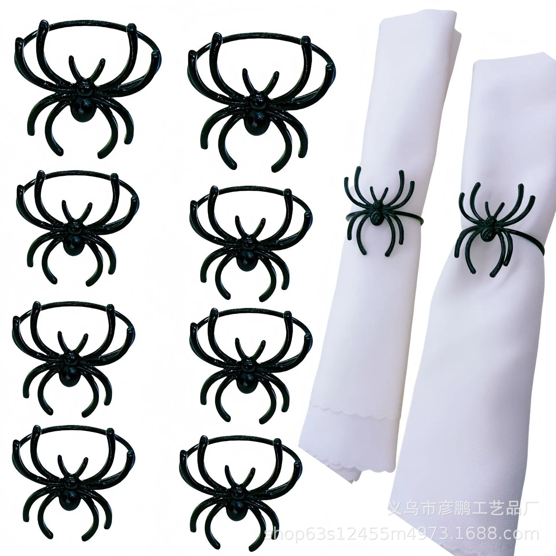 Six black spider-shaped alloy napkin rings for Halloween table decoration.