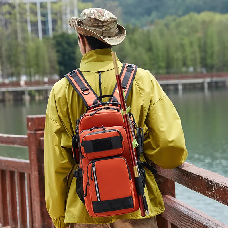 Orange Derm fabric outdoor backpack with 20-35L capacity shown from side perspective