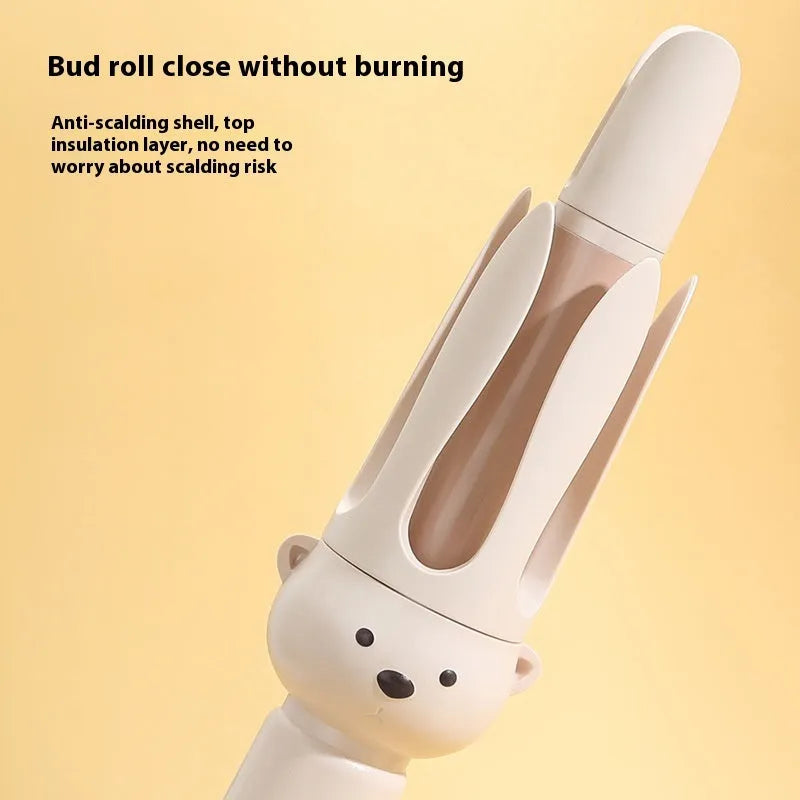 Beige anion automatic hair curler with rotating ceramic barrel on stand