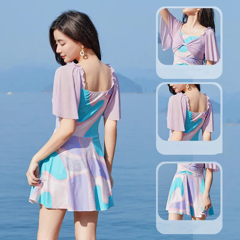 Women's one-piece high waist floral swimsuit in light purple with bowknot detail, polyester fabric