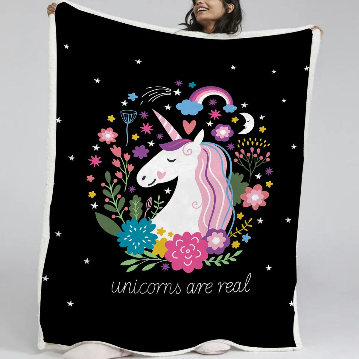 Black Sherpa fleece blanket with lamb wool pattern