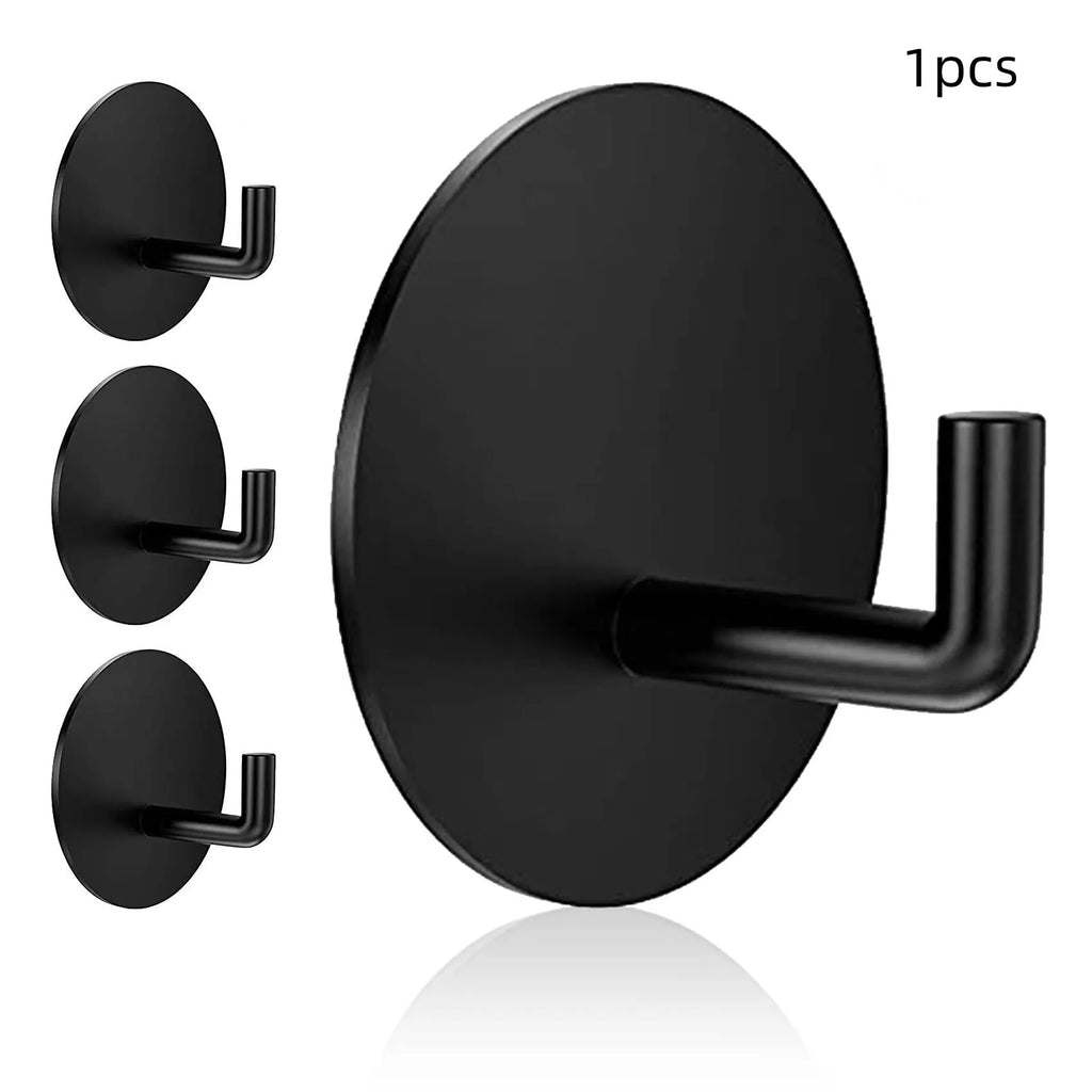 Stainless steel self-adhesive round hook in black or polished finish for bathroom or kitchen.